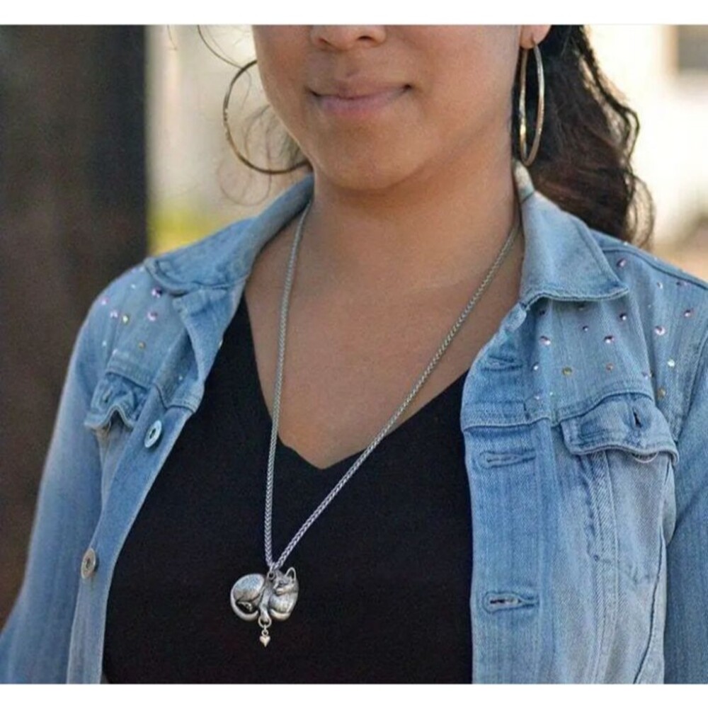 Silver Plated Curled Cat Dangle Heart Necklace